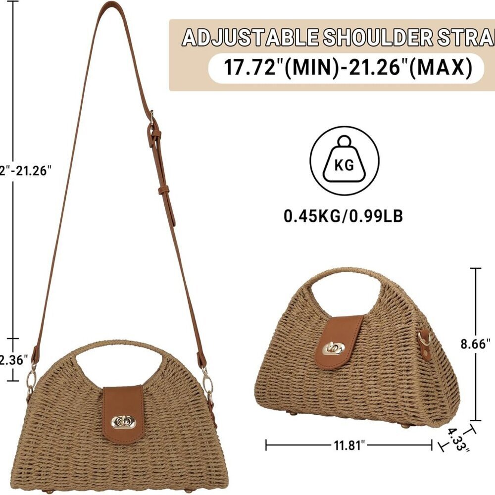 Women Straw Beach Bag Handmade Woven Crossbody Shoulder Purse for Summer - Picture 5 of 7